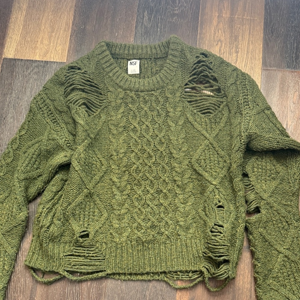 NSF Distressed Cable Knit Crewneck Sweater